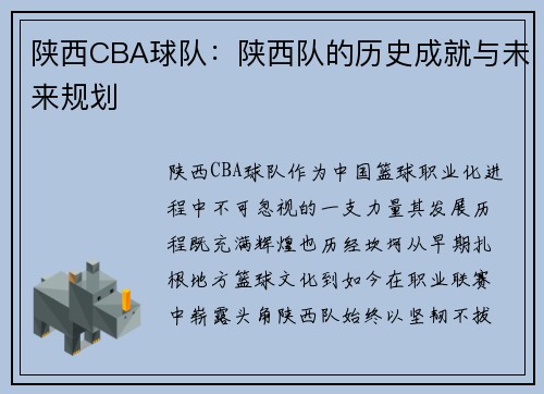 陕西CBA球队：陕西队的历史成就与未来规划