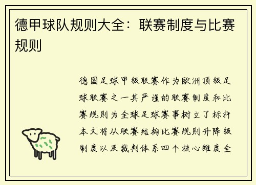 德甲球队规则大全：联赛制度与比赛规则